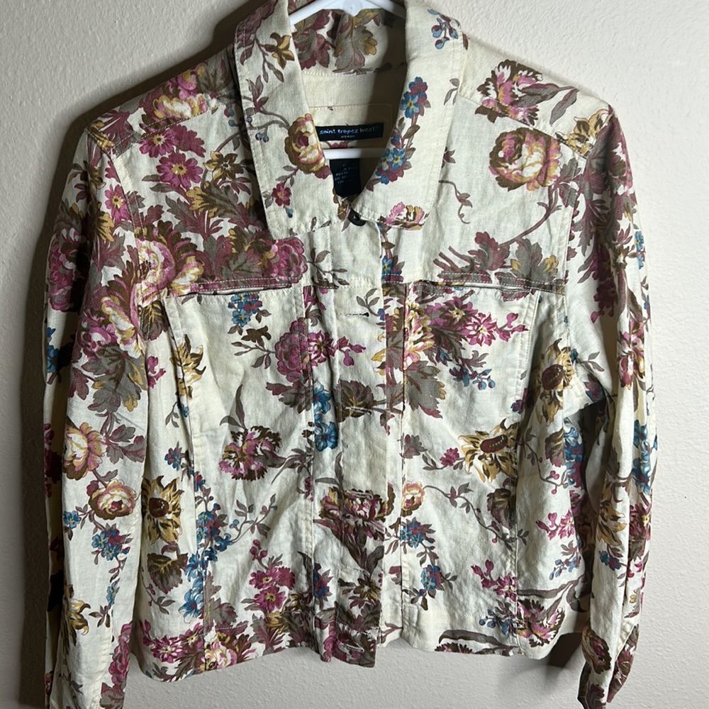 Saint Tropez West Women's White Floral Linen Blend Blouse Size 1X
